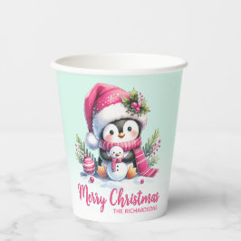Vasos De Papel Cuadros pingüinos rosados y mint verde Feliz Navid