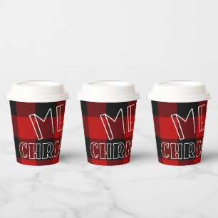 Vasos De Papel Cuadros Plaid Búfalo Rojo y Negro Feliz Navidad