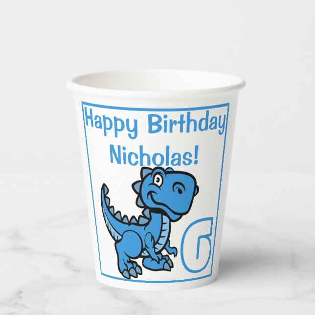 Vasos De Papel Cualquier Edad Azul T Rex Dinosaurio Cumpleaños (Anverso)
