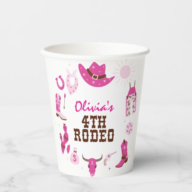 Vasos De Papel Cuarto Rodeo Rosa Occidental Vaquero Cumpleaños 4 (Anverso)