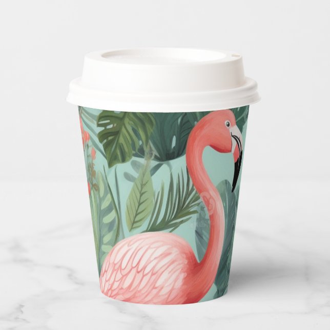 Vasos De Papel Cubos capilares de flamencos rosados con tapa (Anverso)