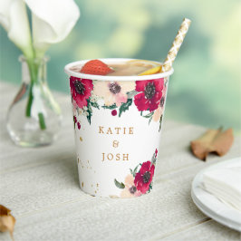 Vasos De Papel Cubos de papel floral con acuarela de borgoña y or
