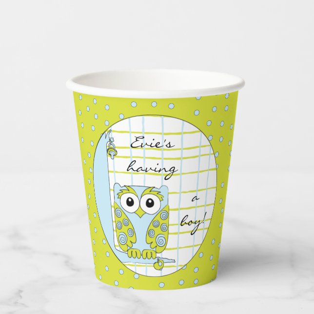 Vasos De Papel Cubos de papel "Lechuza azul/verde" de 8 oz. (Anverso)