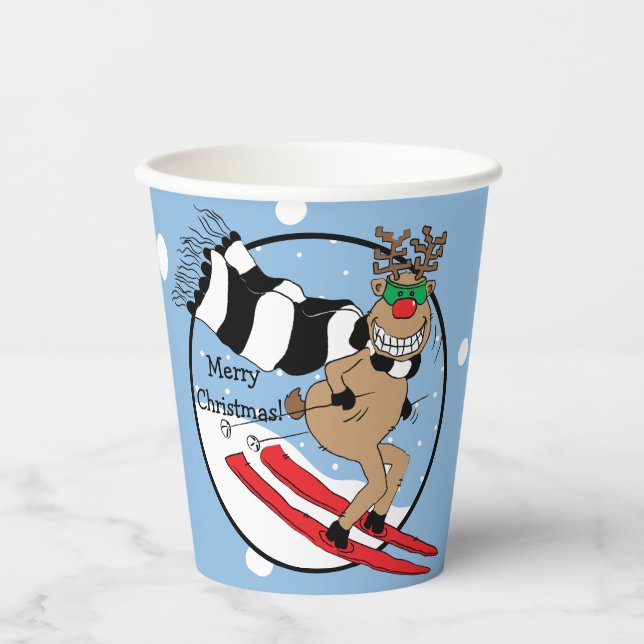 Vasos De Papel Cubos de papel "Rudolph Skiing" de 8 oz. (Anverso)
