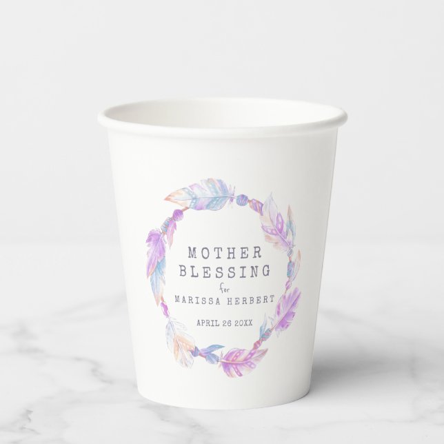 Vasos De Papel Cuentas plumas bendición madre boho personalizadas (Reverso )