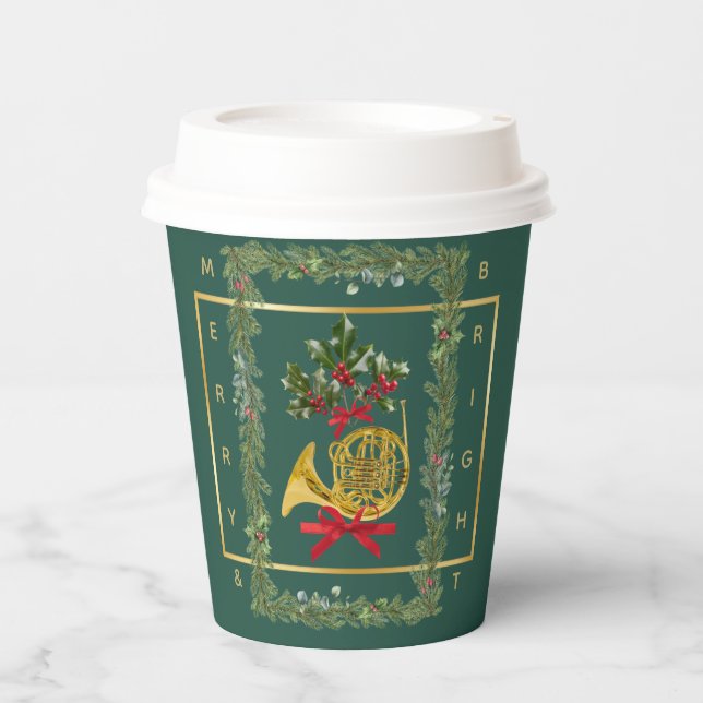 Vasos De Papel Cuerno francés elegante de Navidad verde oscuro (Anverso)