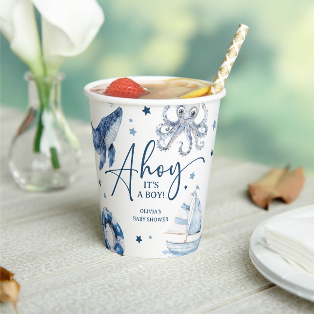 Vasos De Papel Cuidada acuarela Nautical Boy Baby Shower (in situ)