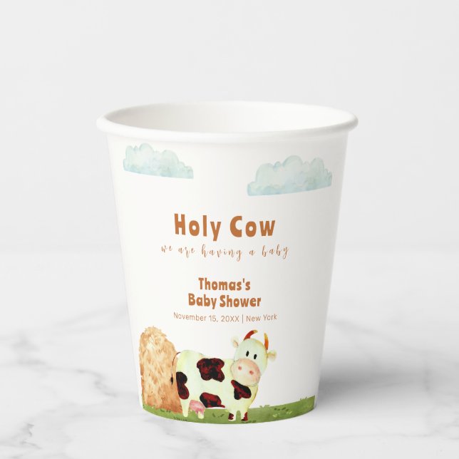 Vasos De Papel Cuidada acuarela rústica Holy Cow Farm Baby Shower (Anverso)