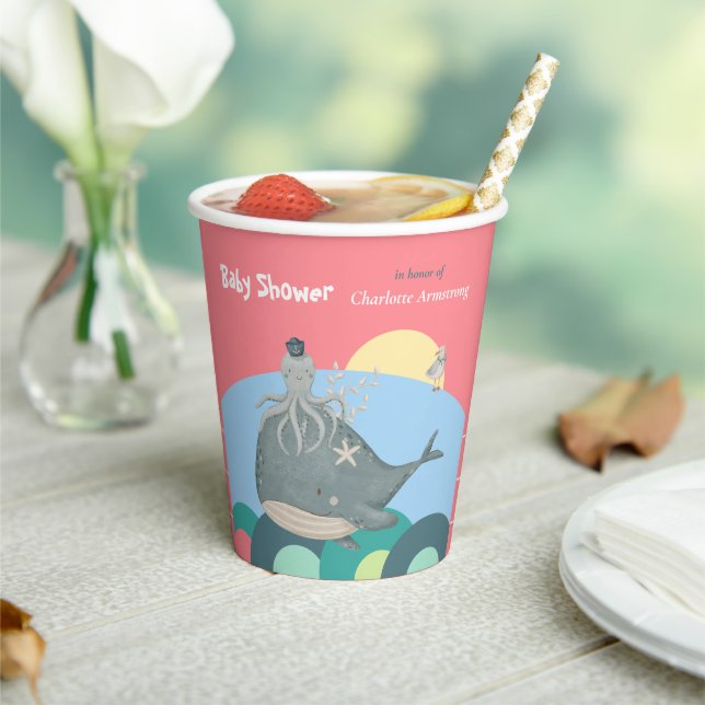 Vasos De Papel Cuidada ballena náutica Squid Pink Baby Shower (in situ)