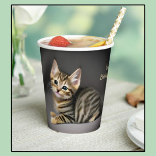 Vasos De Papel Cuidada y esponjosa bebé de gato tabby - cumpleaño