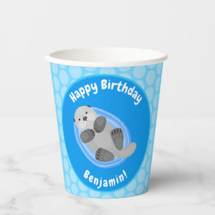 Vasos De Papel Cuidada y feliz nutria azul personalizado ilustrac