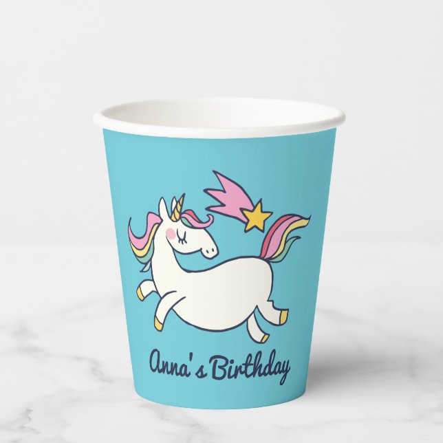Vasos De Papel Cuidado doodle de cumpleaños Rainbow Unicorn y est (Anverso)