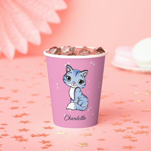 Vasos De Papel Cuidar gato azul en nombre personalizado rosa (in situ)
