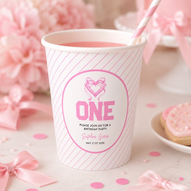 Vasos De Papel Cumpleaños 1º Coquette Lazo Rosa Adorable (Cute Pink Bow Coquette 1st Birthday Paper Cups)