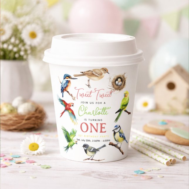 Vasos De Papel Cumpleaños 1º de Pajarito Adorable | Fiesta de Beb (Cute Bird 1st Birthday | Sweet Baby Bird Party paper cups)