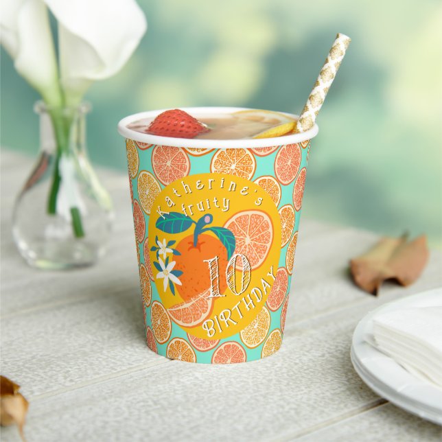 Vasos De Papel Cumpleaños 10 naranja afrutado azul teal (in situ)