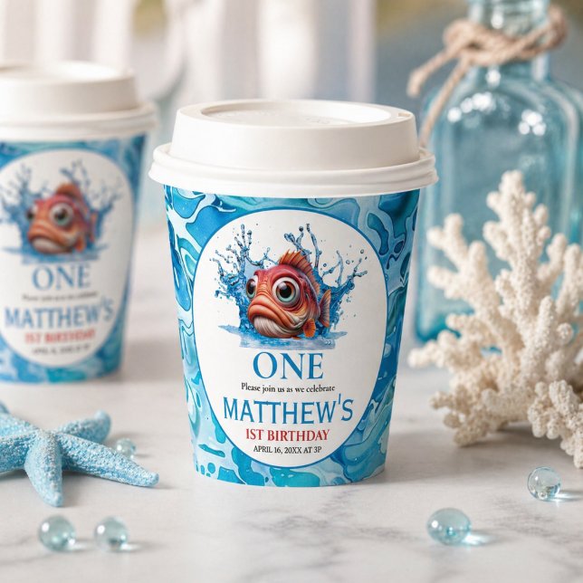 Vasos De Papel Cumpleaños 1 de Pez Azul Agua Lindo (Cute Water Blue Fish 1st Birthday Paper Cups)