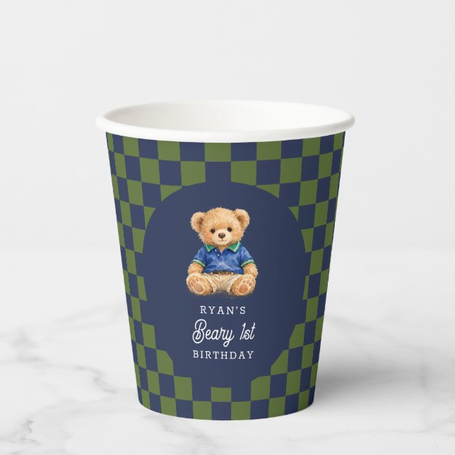 Vasos De Papel Cumpleaños 1 de Preppy Beary a Cuadros (Anverso)
