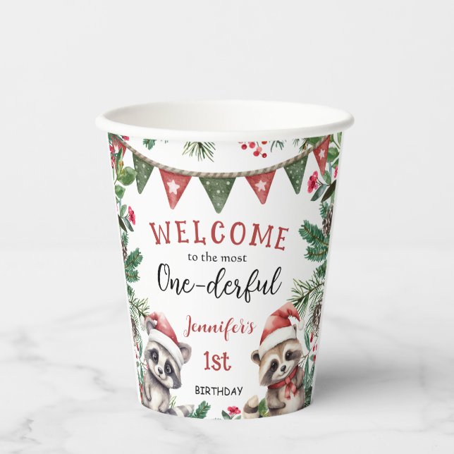 Vasos De Papel Cumpleaños 1er Navidad Invierno Bosque (Anverso)