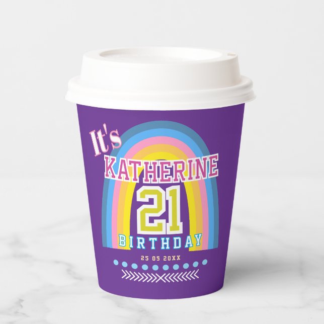Vasos De Papel Cumpleaños 21 Arcoíris Morado (Anverso)