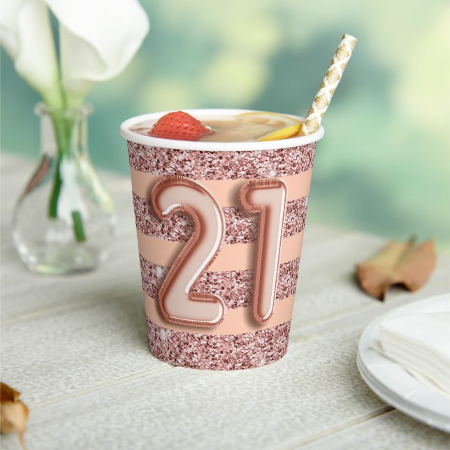 Vasos De Papel Cumpleaños 21 Rosa Dorado Brillo Franja  (in situ)