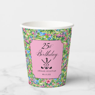 Vasos De Papel Cumpleaños 25 Golf Impresión Rosa Verde Preppy