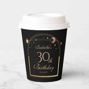 Vasos De Papel Cumpleaños 30 negro oro Sol Luna Estrellas celeste
