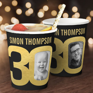 Vasos De Papel cumpleaños 30 personalizado dos fotos negro y dora