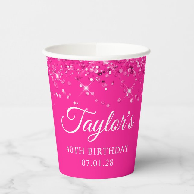 Vasos De Papel Cumpleaños 40 Brillante Rosa Fucsia (Izquierda)