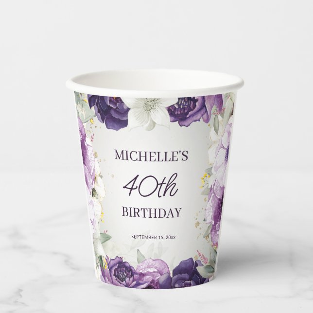 Vasos De Papel Cumpleaños 40 Floral Blanco Morado (Anverso)