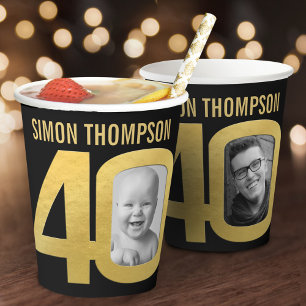 Vasos De Papel Cumpleaños 40 personalizado dos fotos negro y dora
