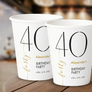 Vasos De Papel Cumpleaños 40 Simple Negro y Dorado