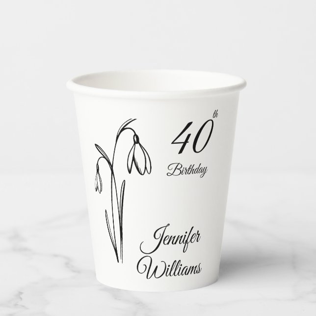 Vasos De Papel Cumpleaños 40 Snowdrop Floral Negro Y Blanco (Anverso)