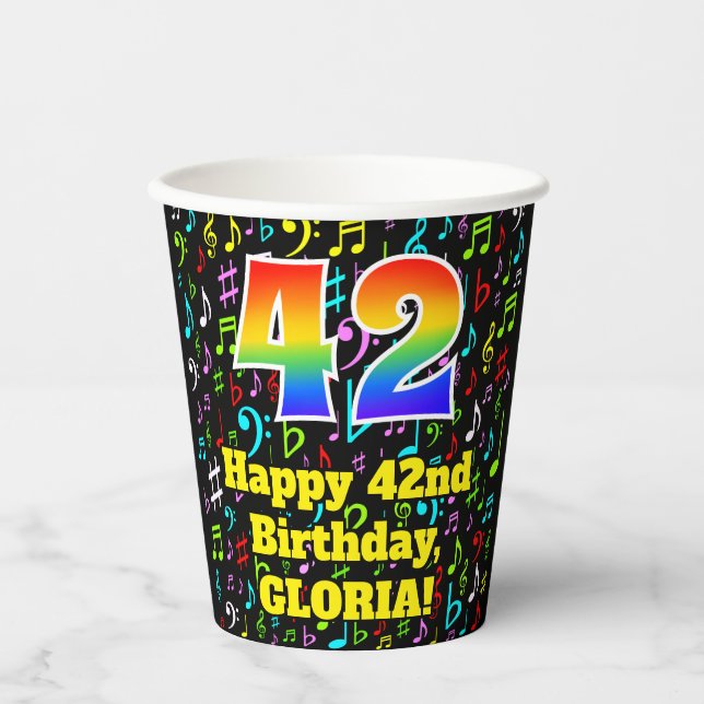 Vasos De Papel Cumpleaños 42: Patrón de notas musicales divertida (Anverso)