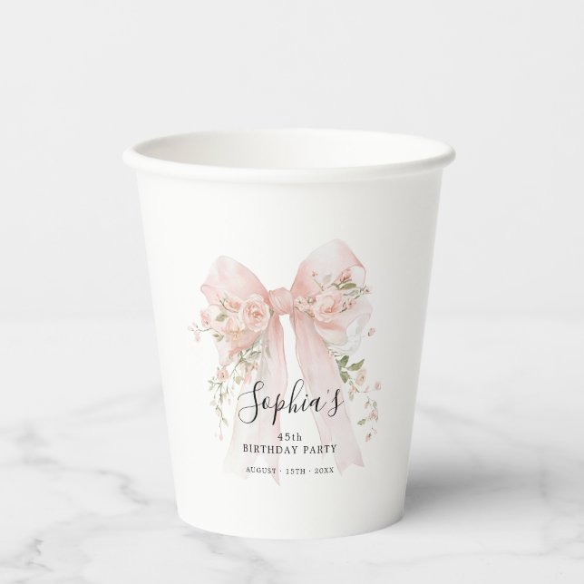 Vasos De Papel Cumpleaños 45 Personalizado Fiesta Rosa con Rosas (Anverso)