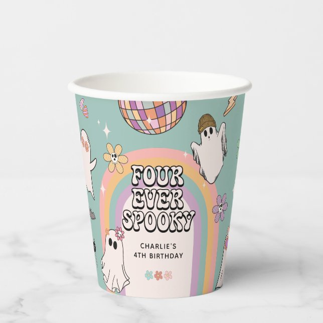 Vasos De Papel Cumpleaños 4 Retro Halloween espeluznante para sie (Anverso)