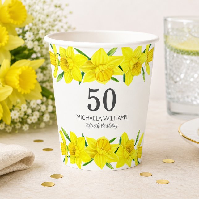 Vasos De Papel Cumpleaños 50 con narcisos acuarela amarillos (Personalize with Name or other text.  Matching items available in collection)