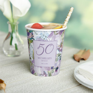 Vasos De Papel Cumpleaños 50 Elegante Lila Floral Verde