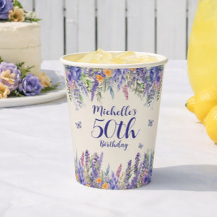 Vasos De Papel Cumpleaños 50 Floral Lavanda Púrpura