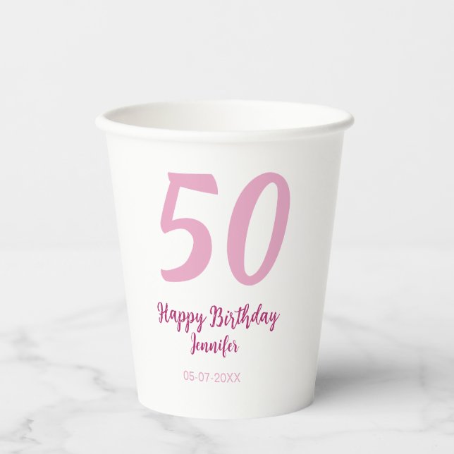 Vasos De Papel cumpleaños 50 nombre fecha año rosa rojo negrita (Anverso)