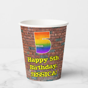 Vasos De Papel Cumpleaños 5: Arcoíris divertido inspirado en graf