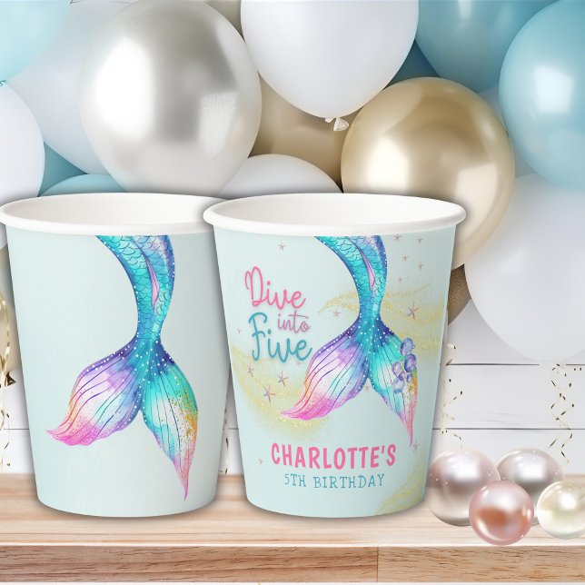 Vasos De Papel Cumpleaños 5 cinco cola de sirena brillo zambullid (Subido por el creador)