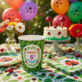 Vasos De Papel Cumpleaños 5 de Mariquita y Hoja Personalizados