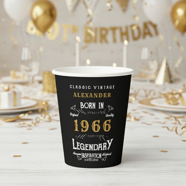 Vasos De Papel Cumpleaños 60 1966 Legendario Retro (1966 birthday black paper cup on a white and gold background.)