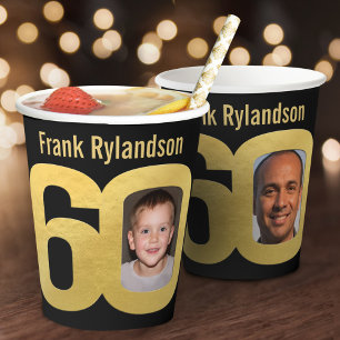 Vasos De Papel cumpleaños 60 personalizado dos fotos negro y dora