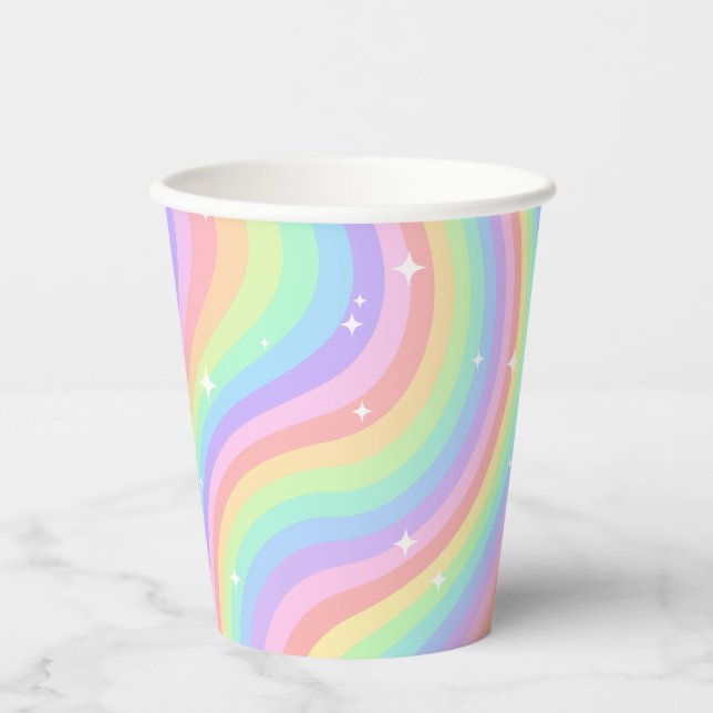 Vasos De Papel Cumpleaños 6 Retro Pastel Arcoíris Ondas Estrellas (Anverso)