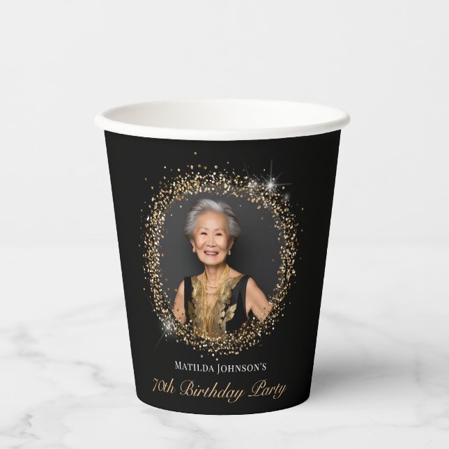 Vasos De Papel Cumpleaños 70 Glitter Black Gold (Anverso)