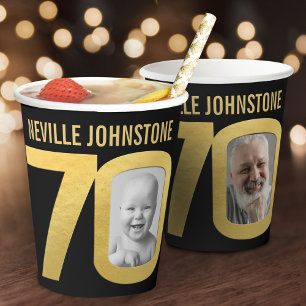 Vasos De Papel cumpleaños 70 personalizado dos fotos negro y dora