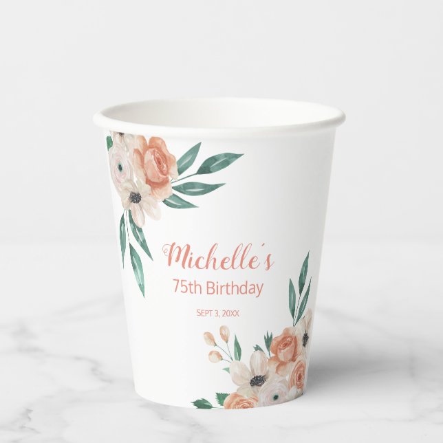 Vasos De Papel Cumpleaños 75 Pretty Peach Cream Floral (Anverso)