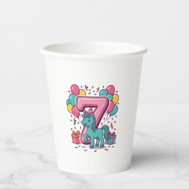 Vasos De Papel Cumpleaños 7 del Caballo Diseño de Vector de Cute  (Anverso)